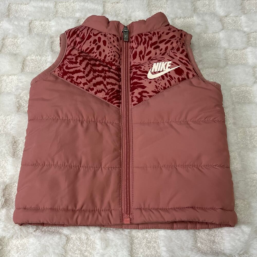 Nike Toddler Girls 12M Pink Puffer Vest Animal Print Full Zip Sleeveless Jacket